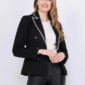 Contrast Trim Faux Double-Breasted Boucle Blazer