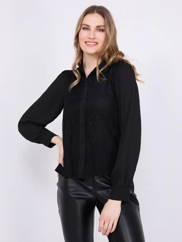 Chiffon Lace Button-Front Blouse - Image 3