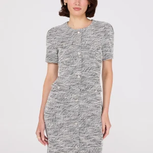 Short Sleeve Button-Front Boucle Sheath Dress