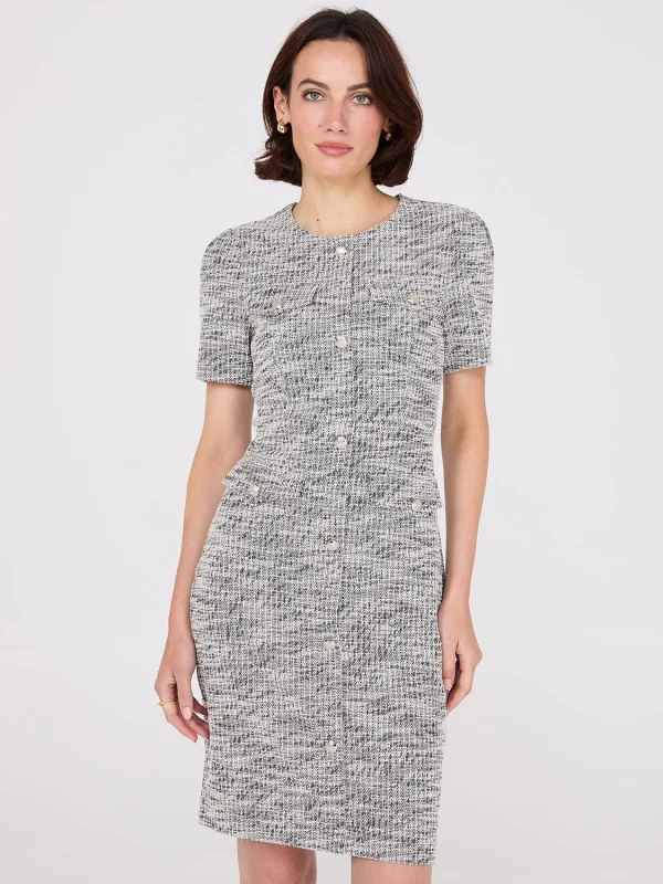 Short Sleeve Button-Front Boucle Sheath Dress
