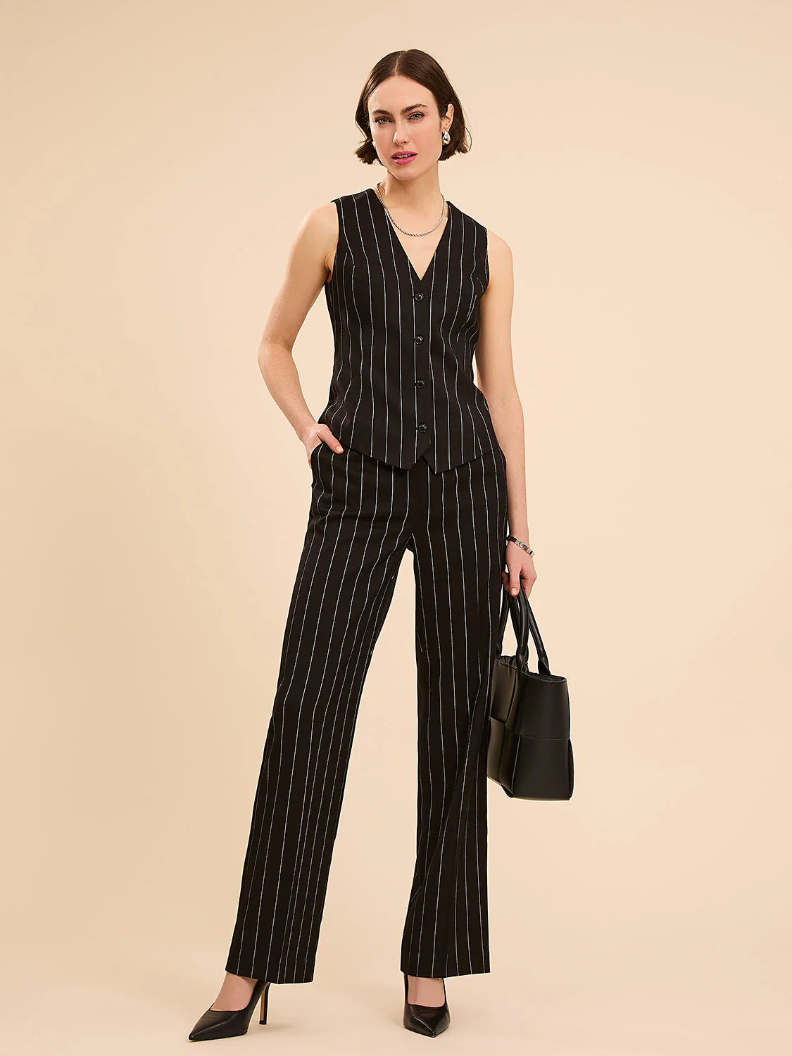 Pinstripe High-Waisted Wide-Leg Pants - Image 2