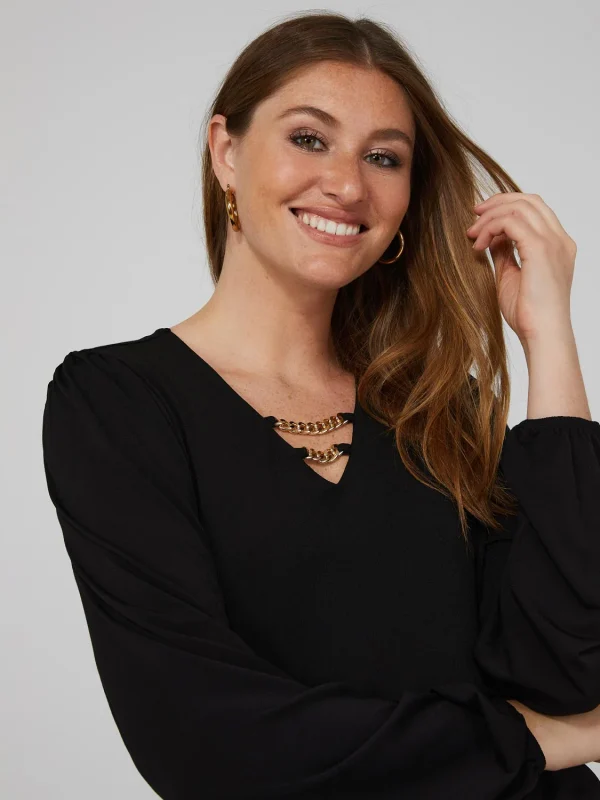 Textured Crepe Long Sleeve Top With Metal Chain Detail - Image 2