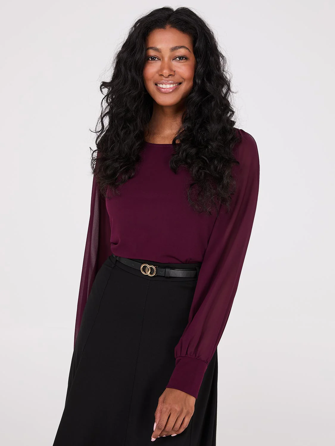 Long Chiffon Sleeve Boat Neck Top - Image 3