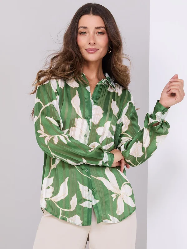 Printed Shadow Stripe Button-Front Blouse - Image 4