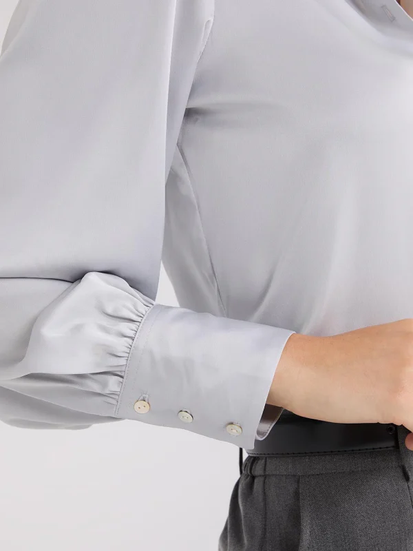 Satin Volume Sleeve Button-Front Blouse - Image 8