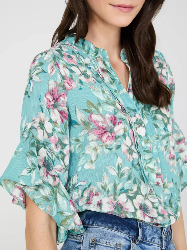 Floral Print 3/4 Ruffle Sleeve Tunic Blouse - Image 3