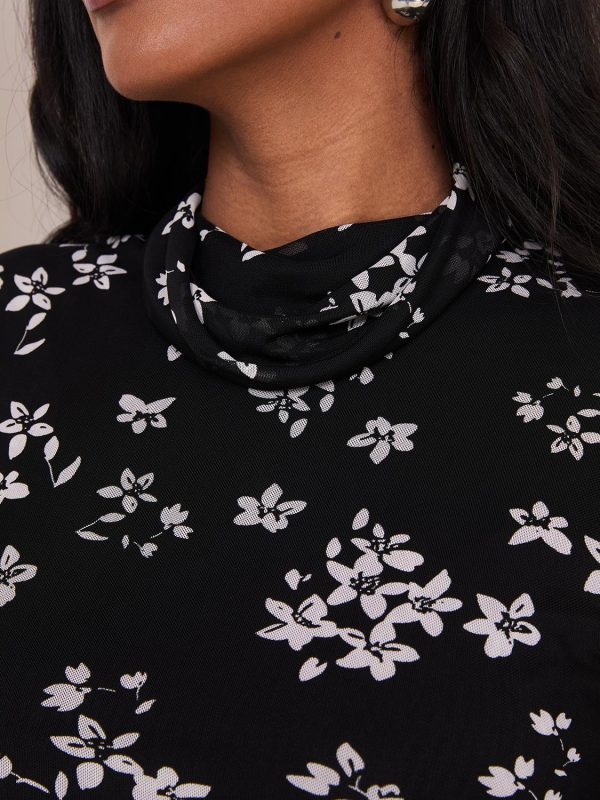 Floral Print Balloon Sleeve Turtleneck Top - Image 6