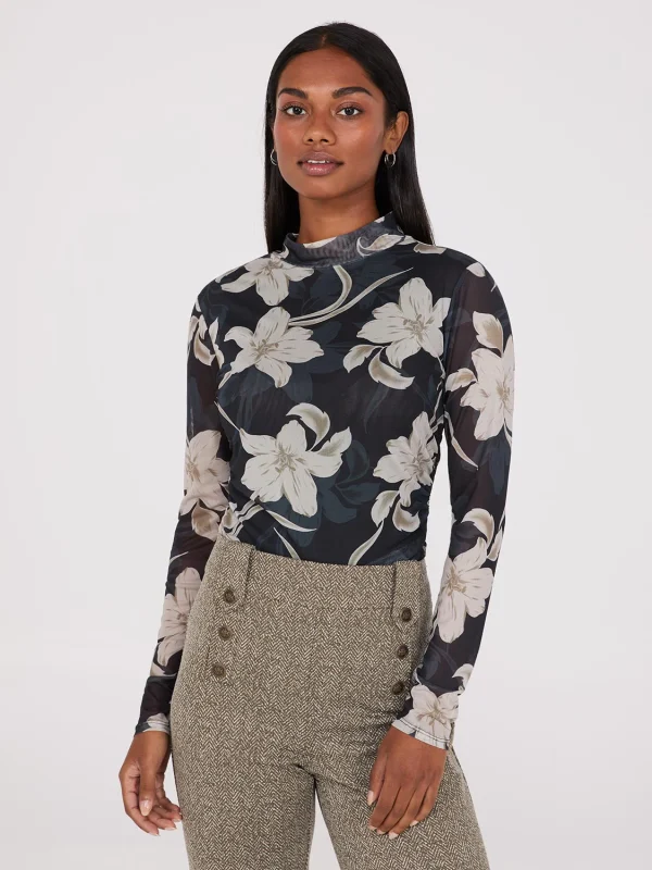 Floral Print Mock Neck Mesh Top - Image 2