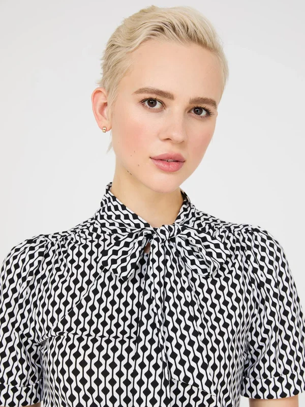 Geo Print Short Sleeve Tie-Neck Top - Image 2