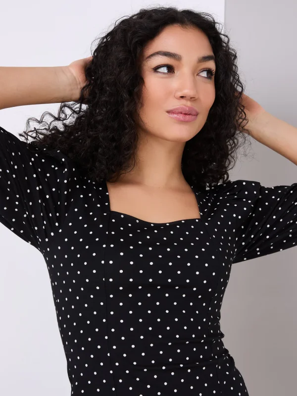 Dot Print Puff Sleeve Square Neck Top - Image 2