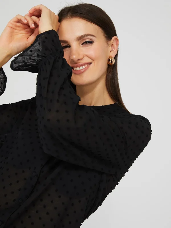 Textured Button-Front Ruffle Collar Blouse - Image 2