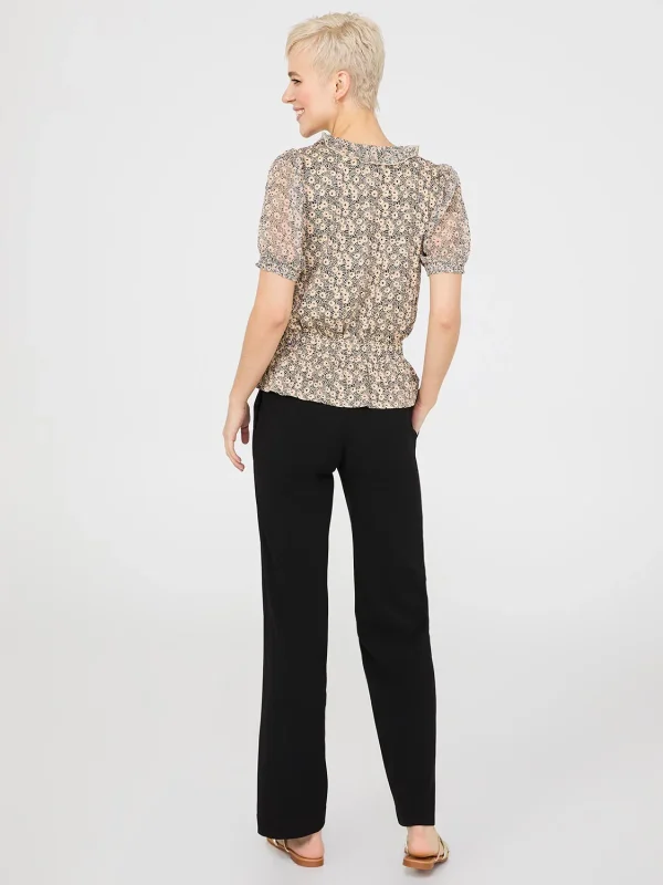 Printed Textured V-Neck Top With Smocked Bottom Band - Image 4