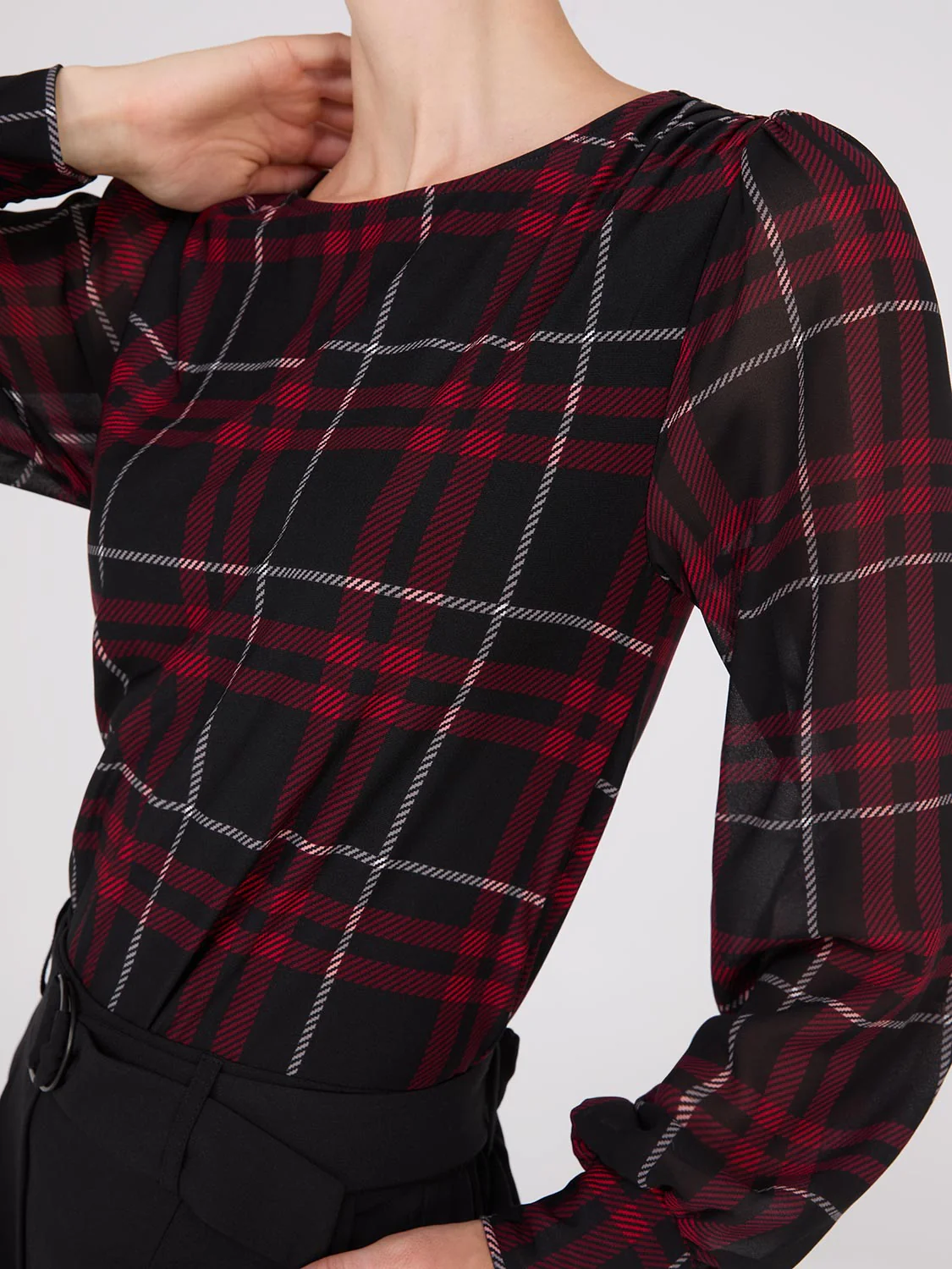 Plaid Long Chiffon Sleeve Boat Neck Top - Image 3