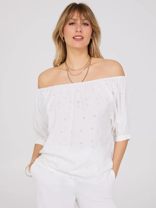Off-The-Shoulder Puff Sleeve Eyelet Popover Top - Image 2