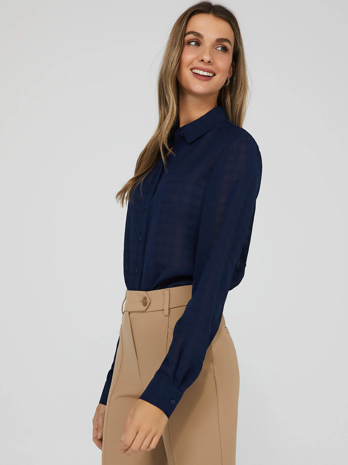 Tonal Check Sheer Button Down Blouse - Image 2