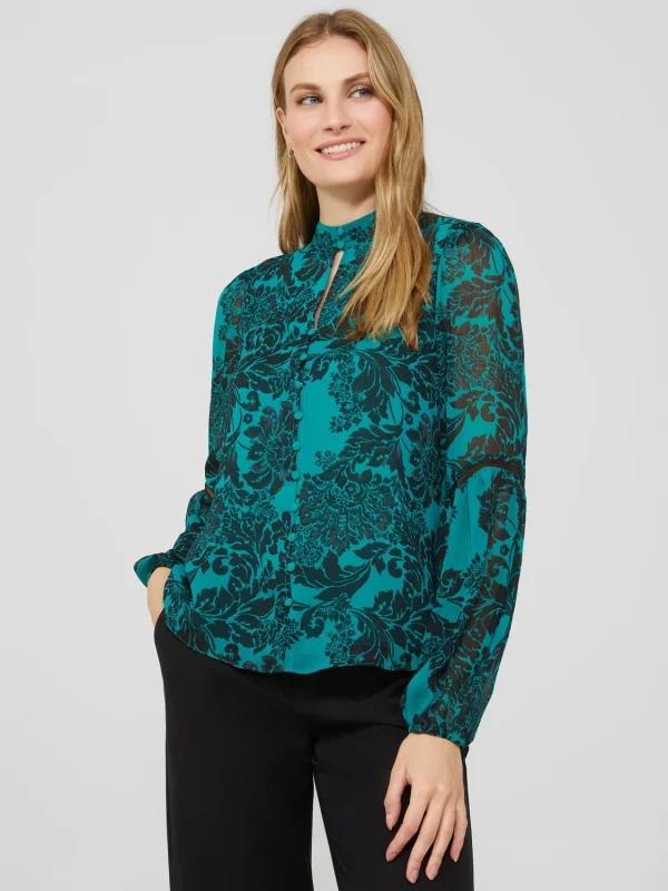 Floral Print Chiffon Button-Front Blouse With Puff Sleeves - Image 3