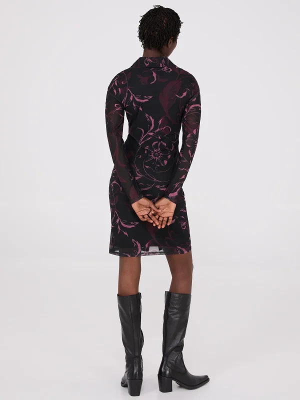 Floral Print Button-Front Gathered Mesh Dress - Image 4