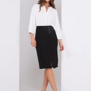 Front Slit Pencil Skirt With Button Detail