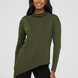 Funnel Neck Slinky Top With Asymmetrical Hem