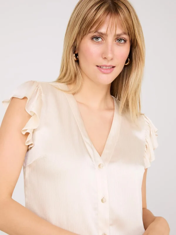 Crinkle Satin Ruffle Sleeve Button-Front Blouse - Image 7