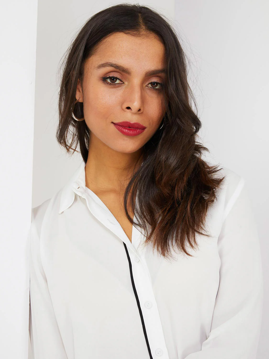 Button-Front Blouse With Contrast Piping - Image 3