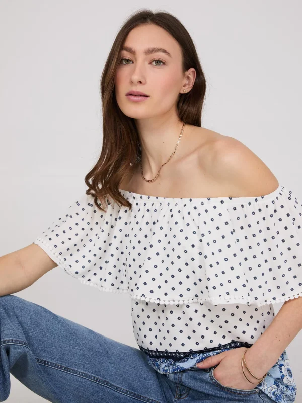 Off-The-Shoulder Textured Top With Border Print - Image 2