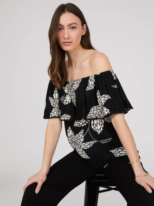 Floral Print Off-The-Shoulder Textured Top - Image 2
