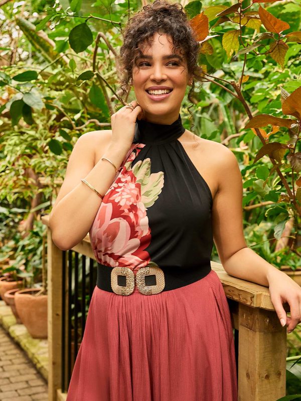 Floral Placement Mock Neck Halter Top - Image 2