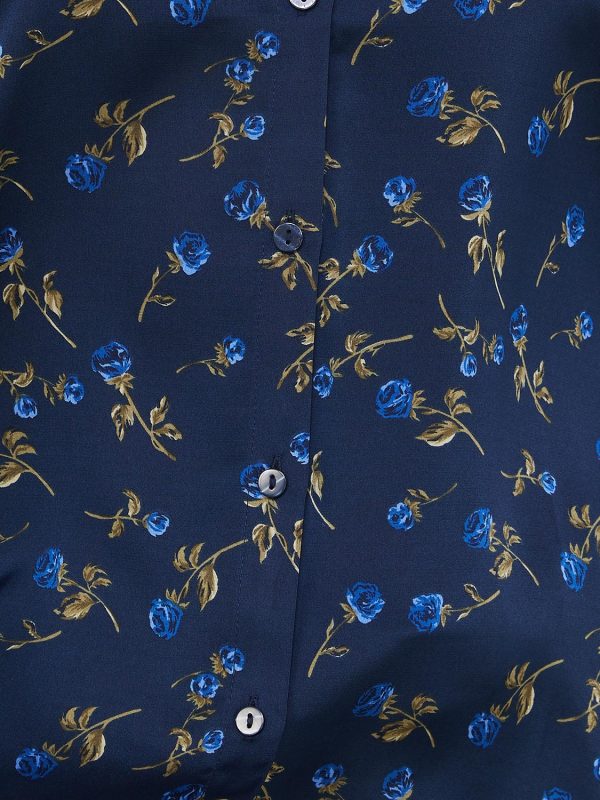 Floral Print Satin Split Neck Button-Front Blouse - Image 6