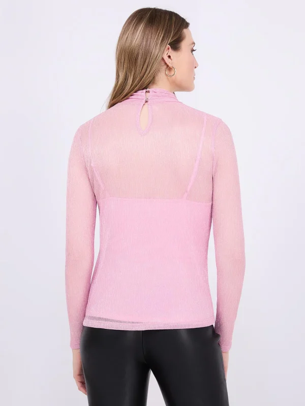 Crinkle Mesh Top With Metallic Mock Neck - Image 5