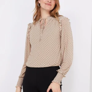 Velvet Dot Mesh Top With Ruffle Details