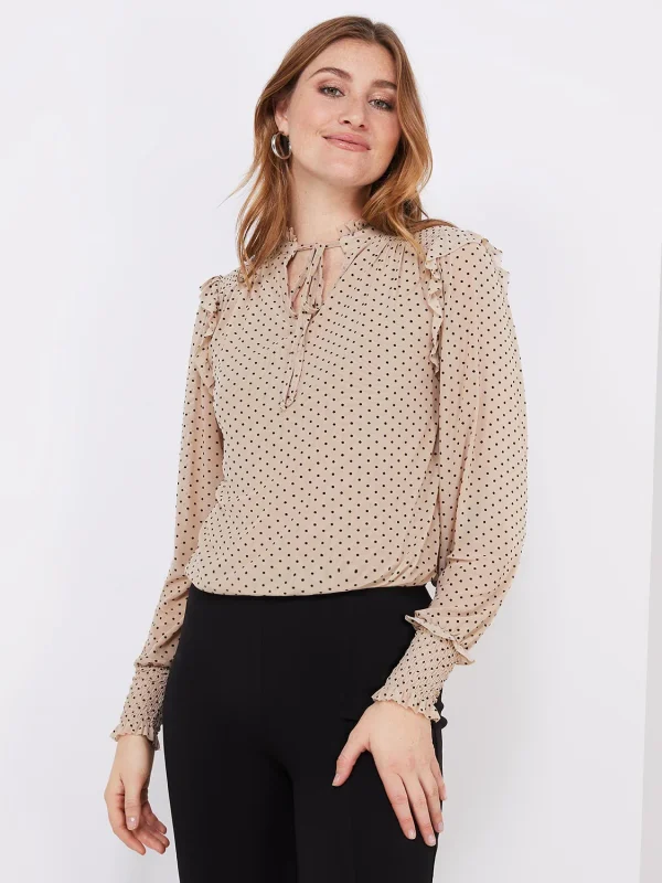 Velvet Dot Mesh Top With Ruffle Details