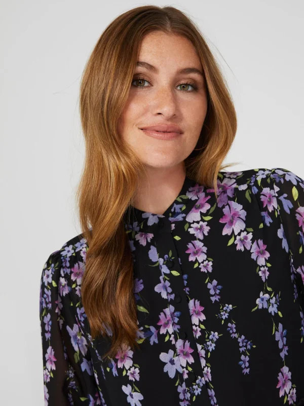 Floral Print Chiffon Button-Front Flowy Blouse - Image 2