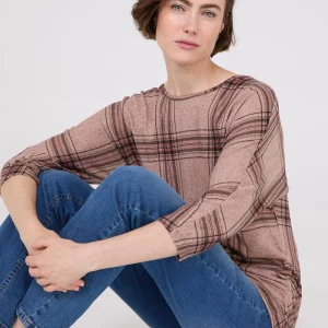 3/4 Sleeve Plaid Top With Side Ruching