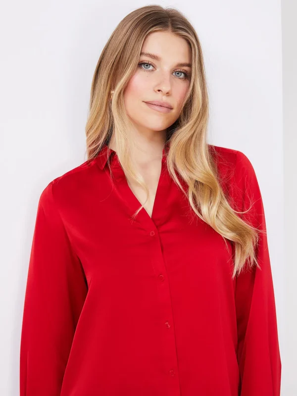 Satin Split Neck Button-Front Blouse - Image 3