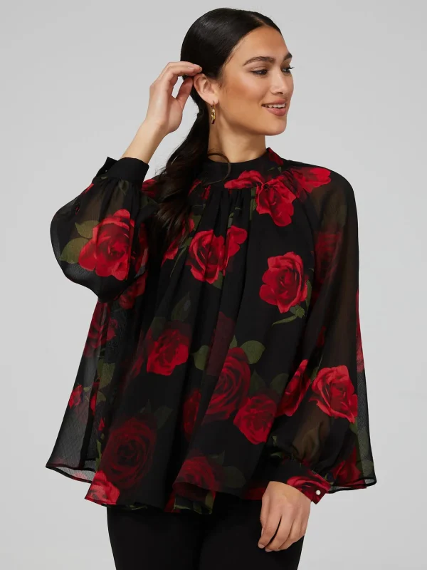 Floral Print Chiffon High Neck Blouse With Voluminous Sleeves - Image 2