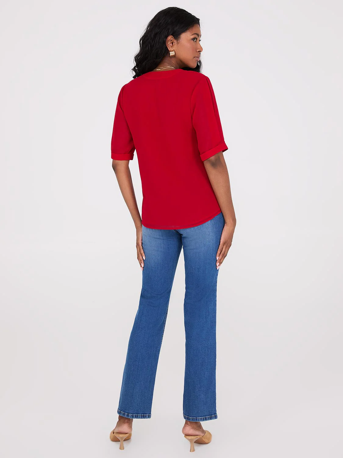 Chiffon V-Neck Pleated Popover Blouse - Image 4