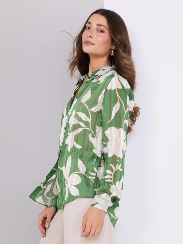 Printed Shadow Stripe Button-Front Blouse - Image 5