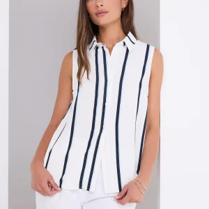 Sleeveless Striped Button-Front Blouse