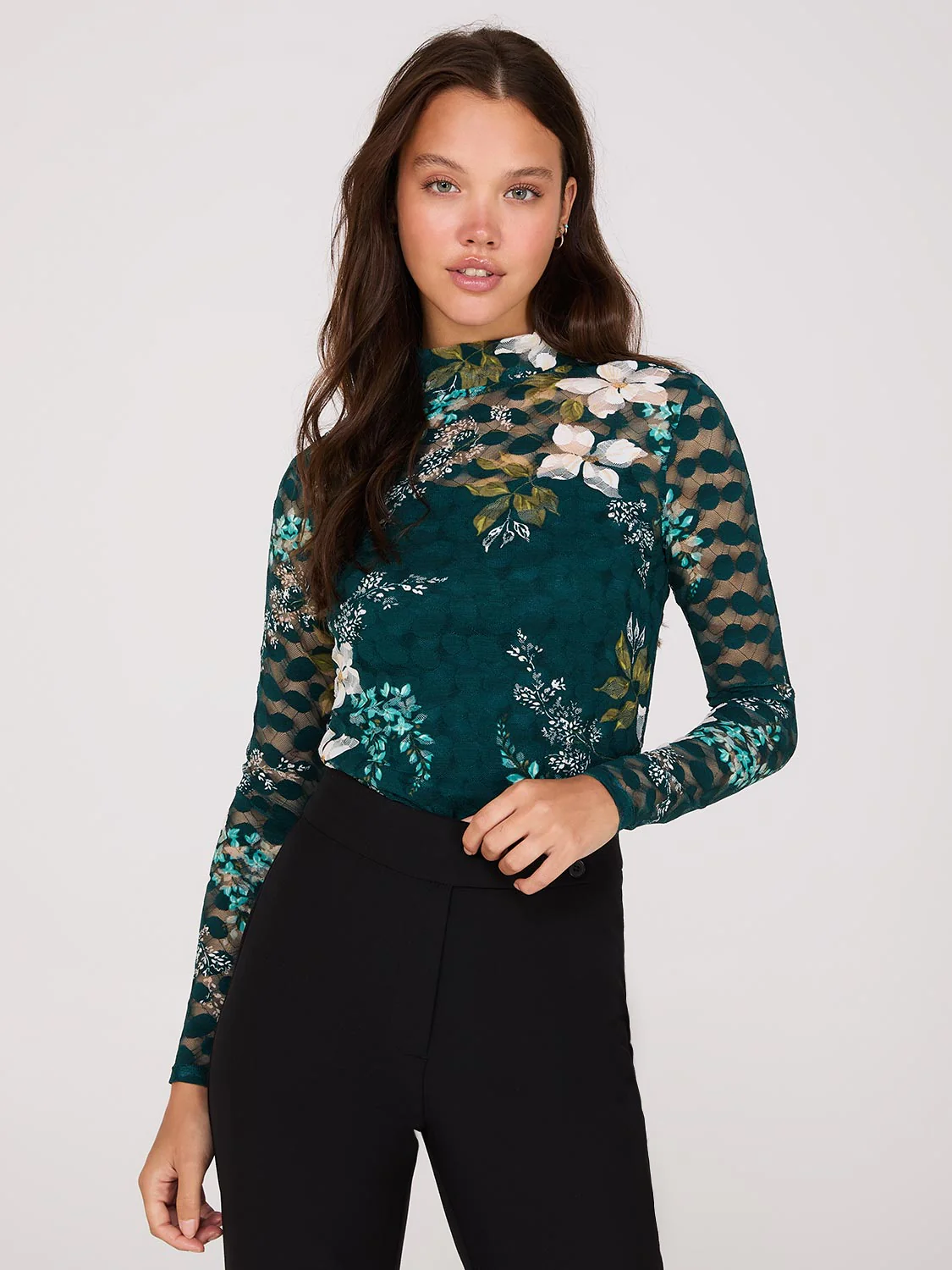 Lace Floral Print Mock Neck Top - Image 2
