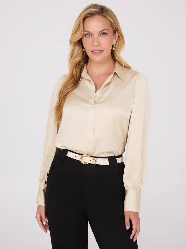 Satin Volume Sleeve Button-Front Blouse - Image 2