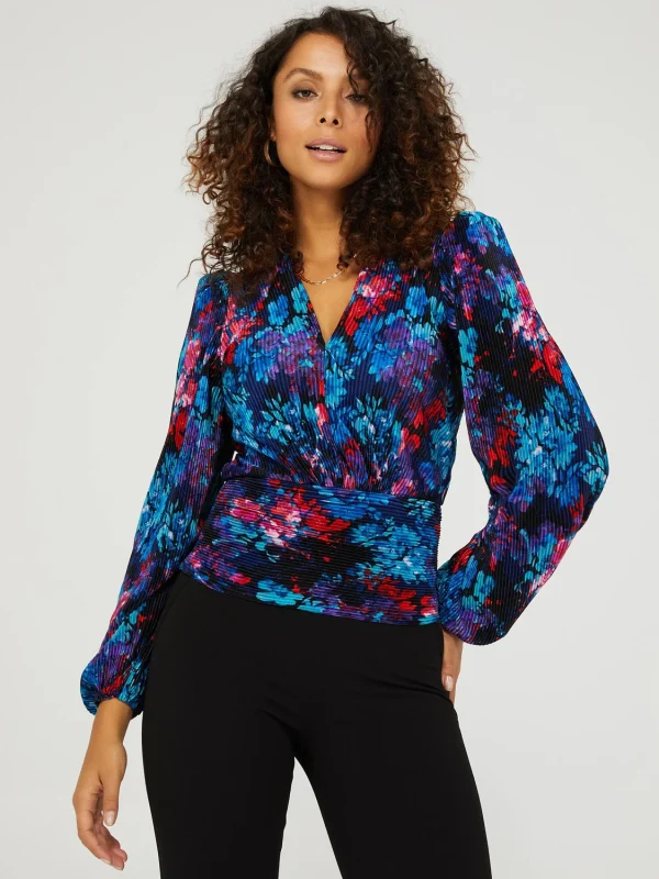 Floral Print V-Neck Plisse Long Sleeve Top - Image 4