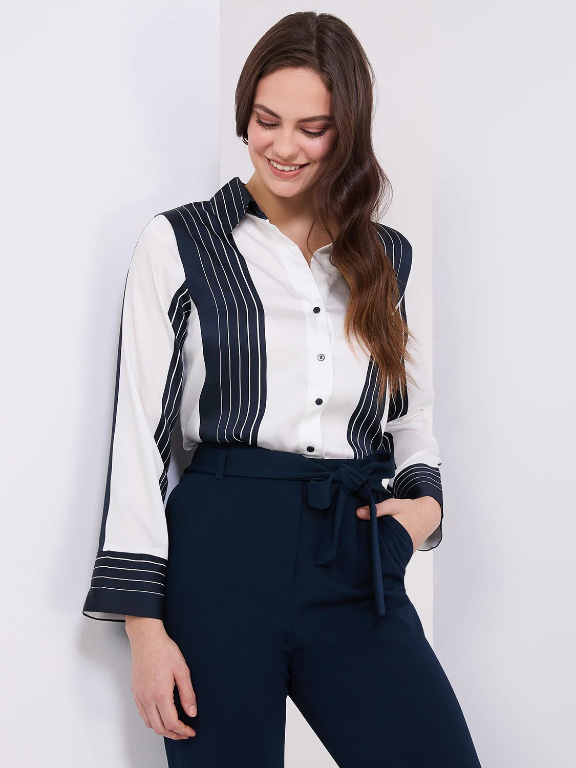 Colour Block Striped Satin Button-Front Blouse - Image 4