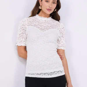 Floral Lace Mock Neck Short Sleeve Top