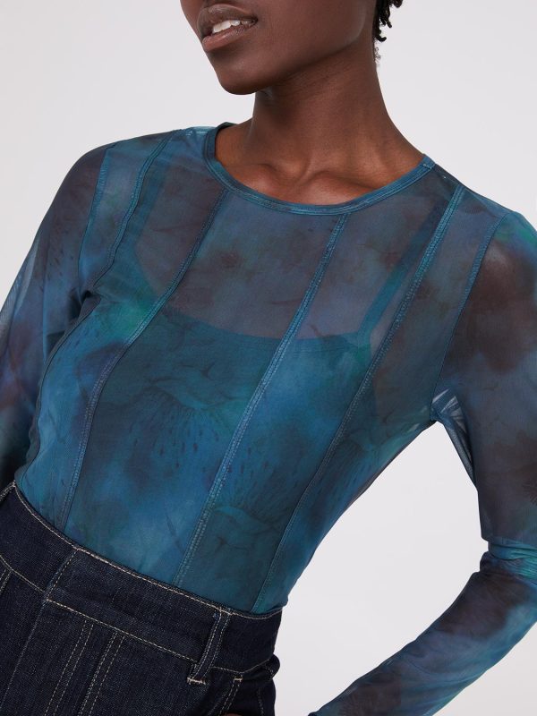 Abstract Print Long Sleeve Mesh Top With Cami - Image 2