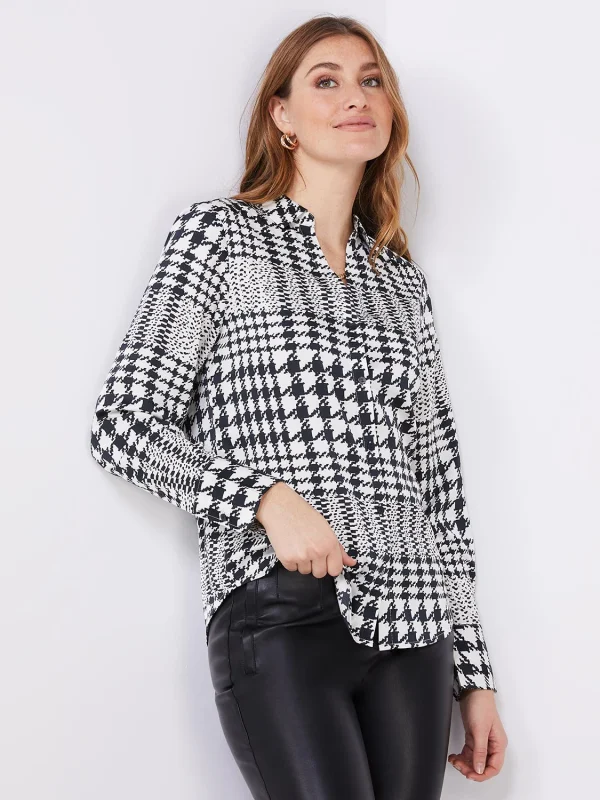 Houndstooth Satin Split Neck Button-Front Blouse - Image 4