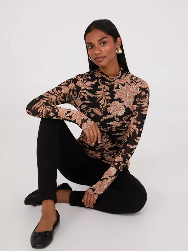 Abstract Print Mock Neck Mesh Top - Image 3