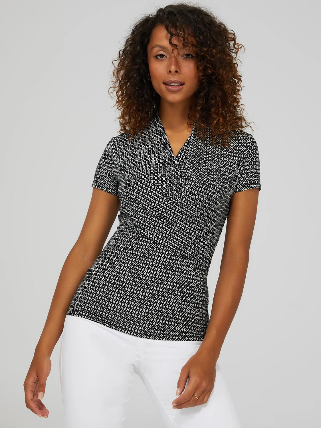 Geo Print Short Sleeve Crossover Front Top - Image 3