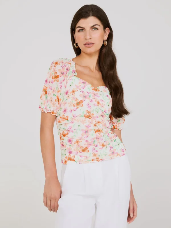 Printed Sweetheart Neckline Top With Puff Sleeves - Image 3