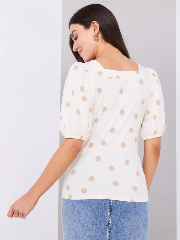 Dot Print Puff Sleeve Square Neck Top - Image 4